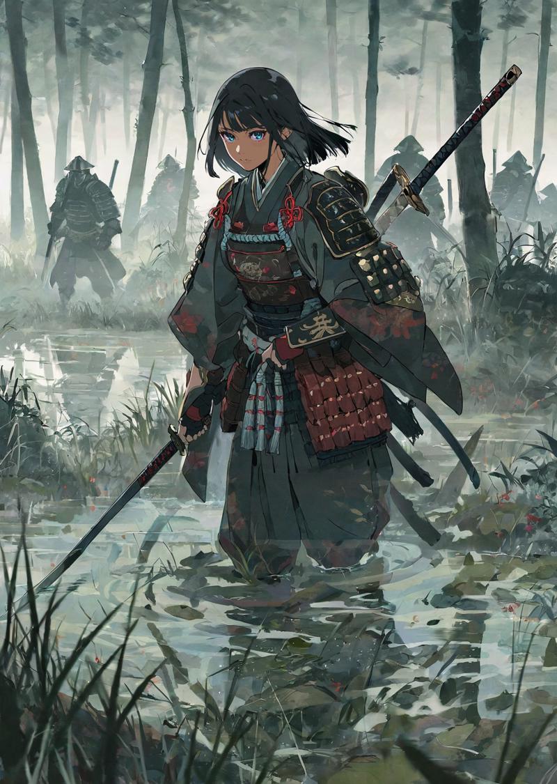 00057-581781224-by yoneyama mai ,  _1girl,   _detailed face, beautiful japanese woman in fantasy samurai armor, _trudging through misty swamp in.png